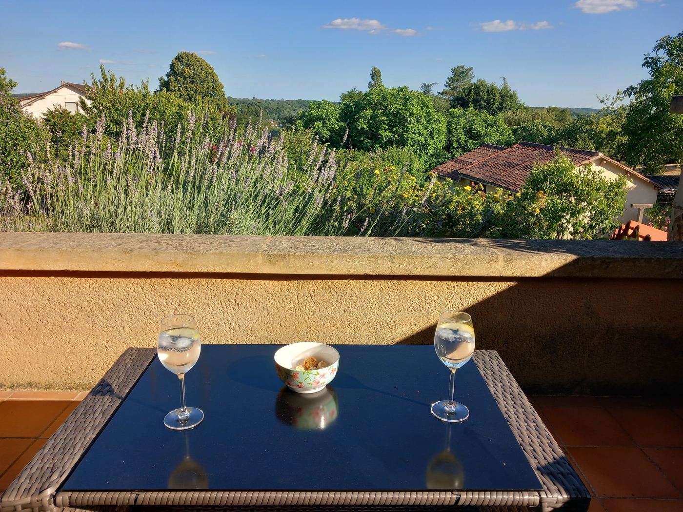 Drinks on the terrace with countryside beyond