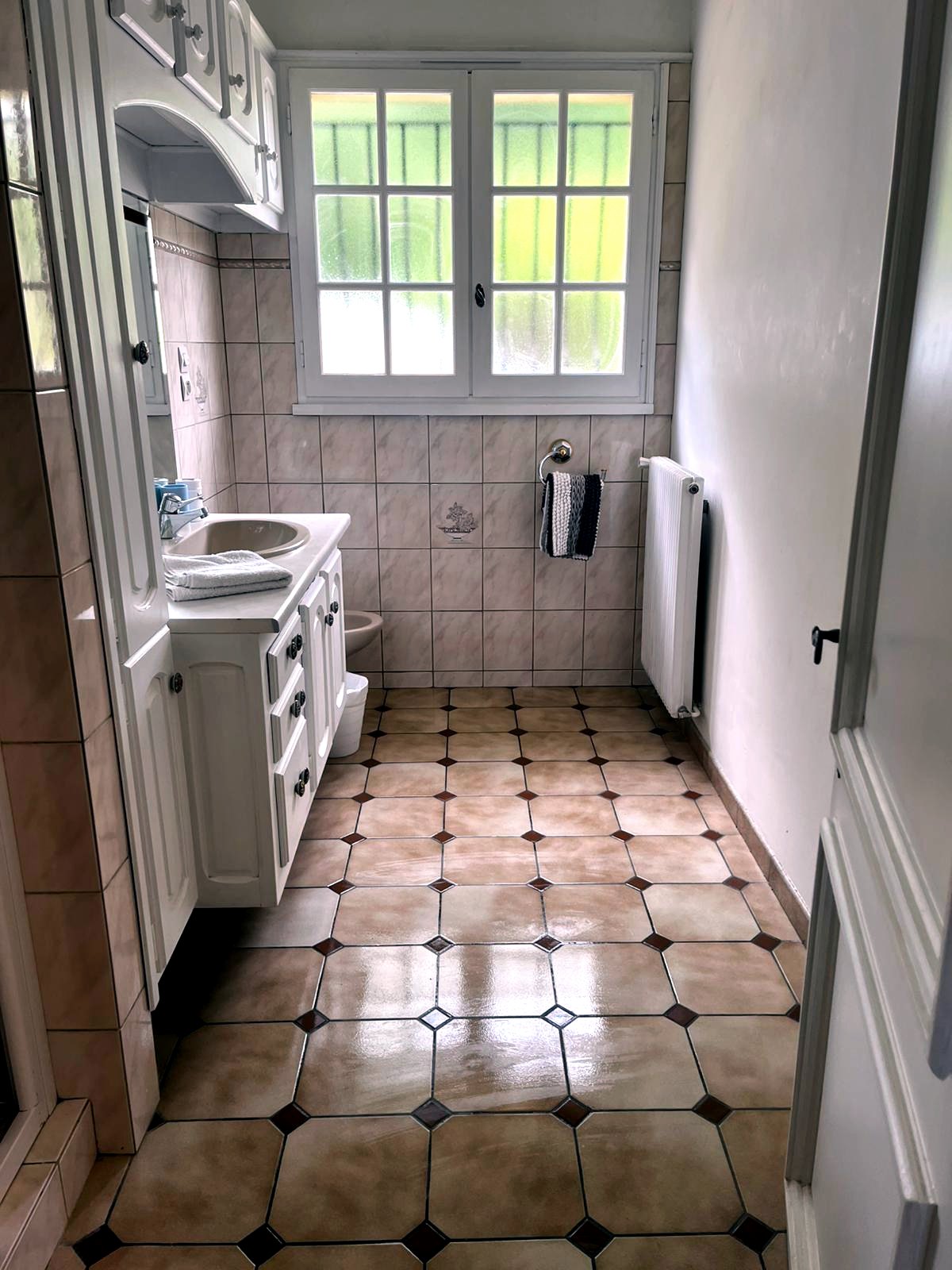 Separate shower room with basin, bidet and window